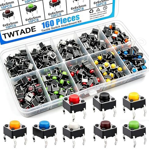 twtade 160pcs لحظة اللمس اللمس الجزئي زر التبديل براعة 6x6x5mm مجموعة التبديل اللمس، كل لون 20pcs أحمر أزرق أسود أخضر أبيض أصفر بني in Kuwait