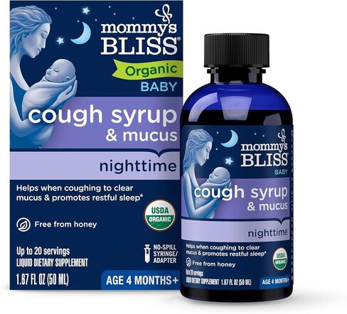 شراب السعال والمخاط العضوي للأطفال من Mommy's Bliss ليلاً، يحتوي على الصبار العضوي وأوراق اللبلاب، مصنوع للأطفال بعمر 4 أشهر فما فوق، 1.67 أونصة سائلة in Kuwait