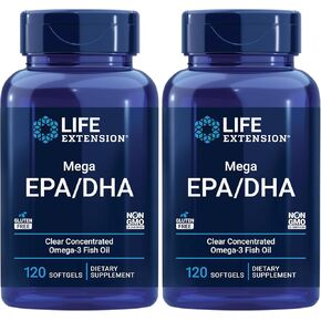 Life Extension Mega EPA DHA, Fish Oil, EPA Omega-3 Fatty Acid, DHA Omega-3 Fatty Acid Heart, Brain & Joint Health, high Potency, Gluten-Free, Non-GMO, 120 softgels in Saudi Arabia
