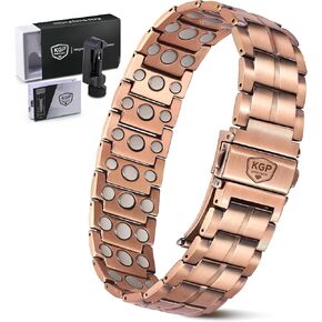 KGP® سوار نحاسي مغناطيسي بقوة 3X للرجال، أساور رجالي من النحاس النقي بنسبة 99.99% لالتهاب المفاصل والمفاصل، سوار مجال مغناطيسي نحاسي قابل للتعديل مع مشبك ممتاز قابل للطي، 9.0 بوصات in Kuwait