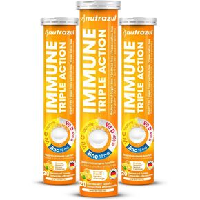nutrazul Immune Triple Action Effervescent Tablet-1000 mg Vitamin C, Vitamin D, Zinc I Orange 20's (Pack of 3) I Gluten Free, Sugar Free, Lactose Free & Preservative Free I Maintains Immune Function in Saudi Arabia