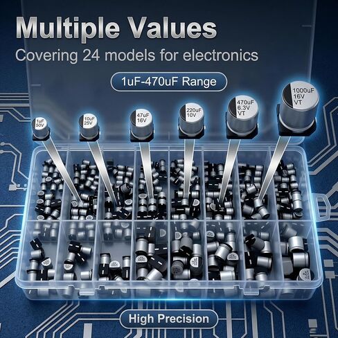 500PCS Electrolytic Capacitor Assortment Kit 24 Values (0.1 µF–1000 µF) 10V~50V Aluminum Electrolytic Capacitors with Labeled Transparent Storage Box for DIY Repair PCB Projects in Saudi Arabia