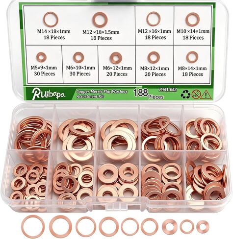 188PCS Copper Metric Flat Washers Assortment Kit Sealing Washers 9 Sizes（M5 M6 M8 M10 M12 M14）P-M1-063 in Saudi Arabia