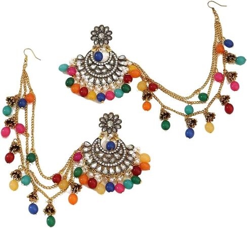 Bohemian Jhumka Jhumki Earrings Traditional Long Chain Tassel Bell Dangle Drop Fashion Dangling Crystal Earring Bollywood Ethnic Gypsy Indian Unique for Women Girl Oxidized Jewelry Gifts in Saudi Arabia