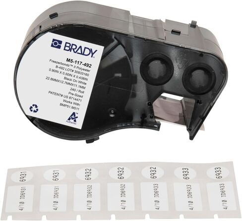 Brady Authentic (M5-117-492) FreezerBondz™ بوليستر مبرد فائق النحافة LBL 0.5 × 0.9 × 0.44 قطر أسود على أبيض، 240 ملصقًا. للاستخدام مع طابعات الملصقات BMP51 وM511 in Kuwait