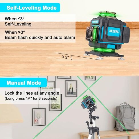 KEZERS مستوى الليزر 360 التسوية الذاتية، 4 × 360 مستوى الليزر مع شاشة أداة خط مستوى الليزر الأخضر التسوية والمحاذاة أداة الليزر مع وضع النبض للبناء وتعليق الصور، التحكم عن بعد in Kuwait