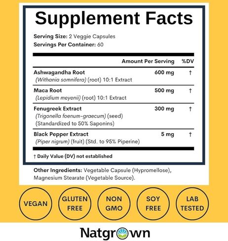 Natgrown Ashwagandha Maca Root Fenugreek Extract Capsules Supplement for Men & Women - Vegan Pills - 120ct in Saudi Arabia