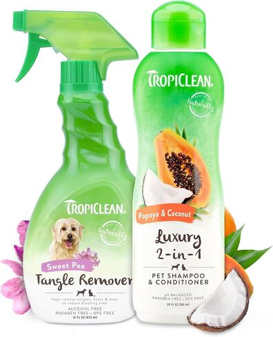 مجموعة TropiClean 2 في 1 شامبو وبلسم للكلاب من البابايا وجوز الهند ومجموعة إزالة تشابك الرذاذ للقطط والكلاب الحلوة من البازلاء | مشتقة من مكونات طبيعية | صنع في الولايات المتحدة الأمريكية | مجموعة من 2 in Kuwait