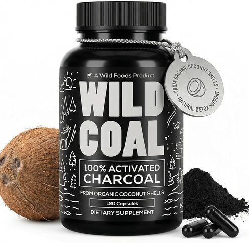 Wild Foods Activated Charcoal Capsules | 100% Organic Coconut Shells Active Tablets for Bloating & Hangover | Lab Tested & Non-GMO Detox Pills | Made in USA (120 Capsules) in Saudi Arabia