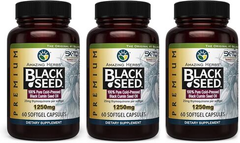 Amazing Herbs Premium Black Seed Oil Capsules - High Potency, Cold Pressed Nigella Sativa Aids in Digestive Health, Immune Support & Brain Function - 60 Count, 1250mg (Pack of 2) in Kuwait