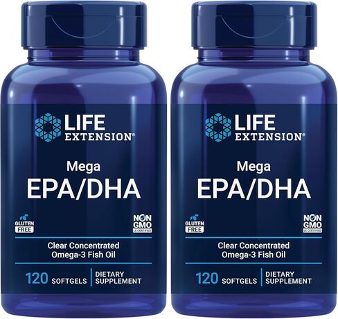Life Extension Mega EPA DHA, Fish Oil, EPA Omega-3 Fatty Acid, DHA Omega-3 Fatty Acid Heart, Brain & Joint Health, high Potency, Gluten-Free, Non-GMO, 120 softgels in Kuwait