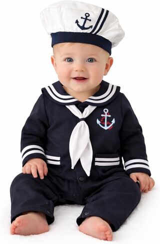 stylesilove.com Baby Boy Marine Sailor Cotton Romper Onesie with Hat and Necktie 3pcs Holiday Outfit in Kuwait