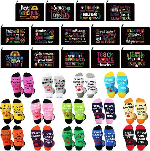 Shinymoon 28 Pcs Teacher Appreciation Gifts If You Can Read This, Teacher Is off Duty Teacher Socks in Bulk 14 Styles Teacher Makeup Bags for Women Gift for Christmas Teacher's Day Back to School in Kuwait