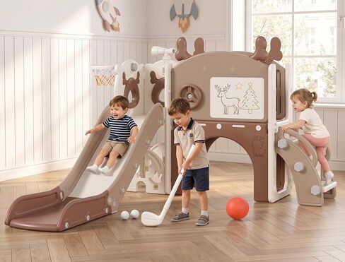 Mloong Toddler Slide for Kids - 11 من 1 من الأطفال شريحة للأطفال الصغار من عمر 1-3 سنوات ، في الداخل والخارجية مع مجموعة الرسم الجولف في كرة السلة ، وموضوع Easy Assembly Elk (Beige & Rosy Brown) (54 × 62 × 39in) in Kuwait