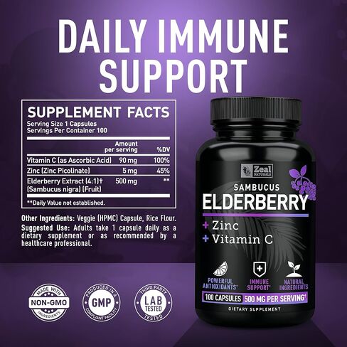 Zeal Naturals Max Strength Elderberry Capsules + Zinc + Vitamin C | 500mg for Immune System Support with Black Sambucus Elderberry | 100 Count | 3-in-1 Immune Support for Adults in Saudi Arabia