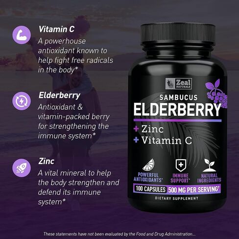 Zeal Naturals Max Strength Elderberry Capsules + Zinc + Vitamin C | 500mg for Immune System Support with Black Sambucus Elderberry | 100 Count | 3-in-1 Immune Support for Adults in Saudi Arabia