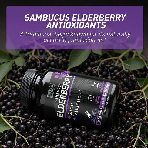 Zeal Naturals Max Strength Elderberry Capsules + Zinc + Vitamin C | 500mg for Immune System Support with Black Sambucus Elderberry | 100 Count | 3-in-1 Immune Support for Adults in Saudi Arabia