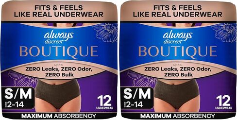 ملابس داخلية نسائية من Always Discreet Boutique لسلس البول وما بعد الولادة للنساء، أقصى قدر من الحماية، مقاس صغير/متوسط، أسود، 20 قطعة (قد تختلف التعبئة) in Kuwait
