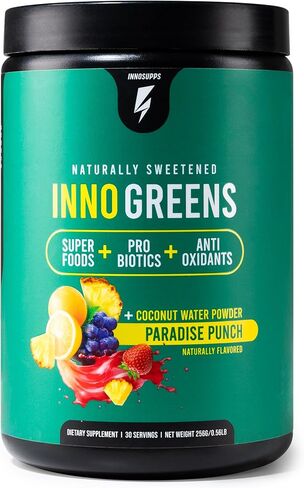 InnoSupps Inno Greens | 28+ Organic Greens & Superfoods | Advanced Prebiotics + Probiotics | Super Antioxidant + Hydration | Spirulina, Chlorella, Ashwagandha - 30 Servings (Paradise Punch) in Saudi Arabia
