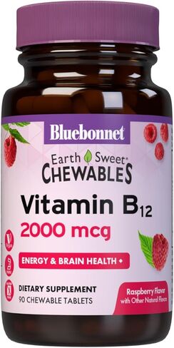 Bluebonnet Nutrition Earth Sweet Vitamin B12 5000 mcg Chewable Tablets, Soy-Free, Gluten-Free, Kosher Certified, Dairy-Free, Vegan, Raspberry Flavored, 60 Chewable Tablets, 60 Servings in Saudi Arabia