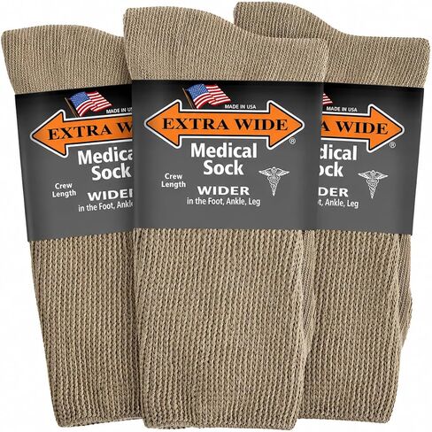 Extra Wide Medical Mid Calf Crew (Pack of 3), Diabetic Socks, Made in USA, for Men and Women (Large, Tan) in Saudi Arabia