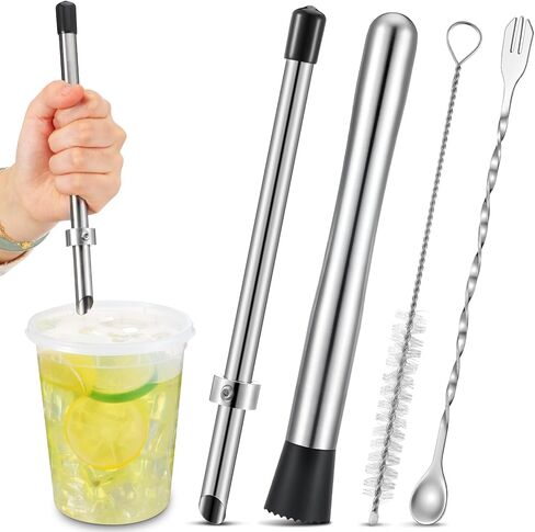 2 PCS Straw Puncher و Muddler لأكواب أغطية البلاستيك الليمون ، والثقب القش ، 304 Muddler من الفولاذ المقاوم للصدأ ، لوازم عصير الليمون الطازجة in Saudi Arabia