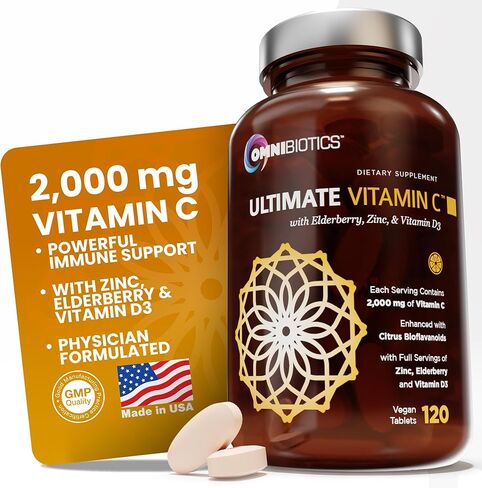 OmniBiotics Ultimate Vitamin C 2000 mg with Full Servings of Zinc, Elderberry, & Vitamin D3 - Advanced Immune Support & Antioxidant Supplement - 120 Vegan Tablets in Saudi Arabia