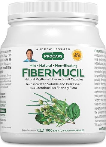 ANDREW LESSMAN Fibermucil 180 Capsules –Psyllium Husk Powder. Gently Promotes Regularity and Digestive Health. Rich in Fiber. Gentle, Easy and Effective. No Additives. Small Easy to Swallow Capsules in Kuwait