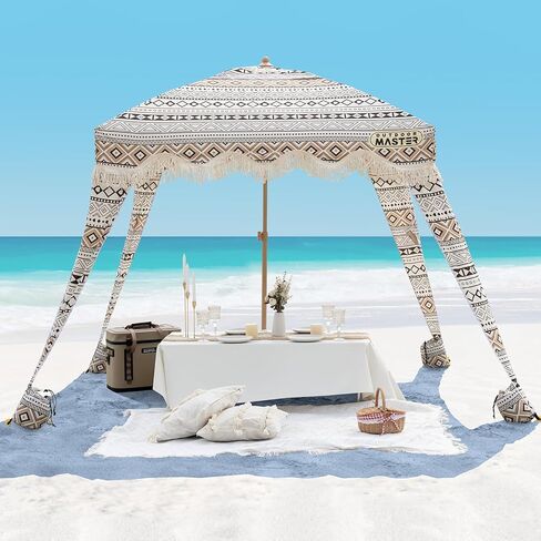 OutdoorMaster Beach Cabana with Fringe, Portable 6' x 6' Beach Canopy, Easy Set Up Beach Shelter, Included Side Wall, UPF 50+ UV Protection Sun Umbrella - for Kids, Family & Friends -Romantic White in Saudi Arabia
