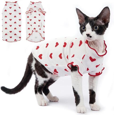 DENTRUN Heart Pattern Sphynx Hairless Cats Shirt, Kitten T-Shirts with Perlin Sleeves, Breathable Cat Wear Cute Sweater Adorable Hairless Cat's Clothes Vest Pajamas Jumpsuit in Saudi Arabia