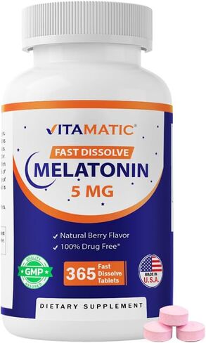 Vitamatic Melatonin 5mg Tablets | Vegetarian, Non-GMO, Gluten Free | 1 Year Supply | Natural Berry Flavor - 365 Tablets in Saudi Arabia