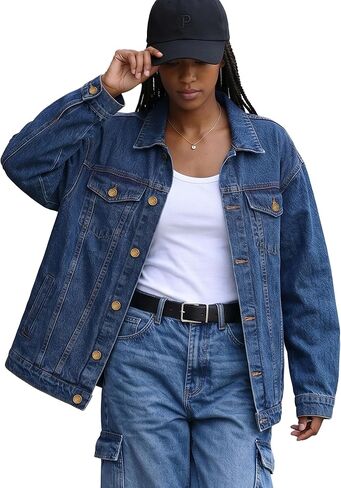 Jean Jacket Women Plus Size - Regular Fit Plus Size Jean Jacket Button Down - Long Sleeve Casual Denim Jacket for Women in Saudi Arabia