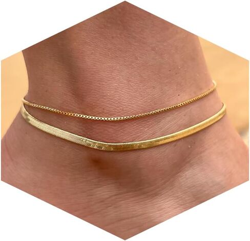 Risamil Ankle Bracelets for Women, 14K Gold Anklets for Women Waterproof Layered Ankle Bracelets for Women Teen Girl Herringbone Anklet Set Summer Foot Jewelry Gifts in Saudi Arabia
