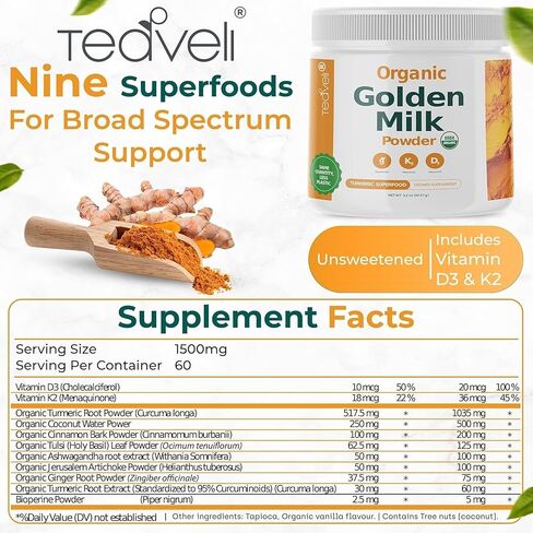 Organic Golden Milk Powder with Vitamin D3 & K2, Turmeric, Ginger, KSM66 Ashwagandha & 9 Superfoods– Delicious Unweetened Alternative to Gummies - Turmeric Tea Latte to Support Sleep, Bones & Muscles in Saudi Arabia