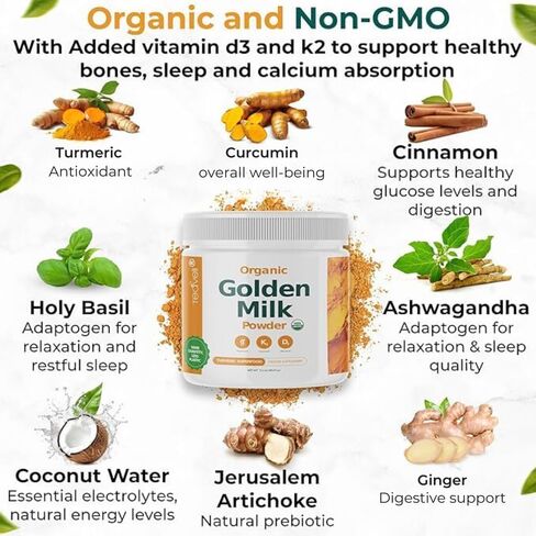 Organic Golden Milk Powder with Vitamin D3 & K2, Turmeric, Ginger, KSM66 Ashwagandha & 9 Superfoods– Delicious Unweetened Alternative to Gummies - Turmeric Tea Latte to Support Sleep, Bones & Muscles in Saudi Arabia
