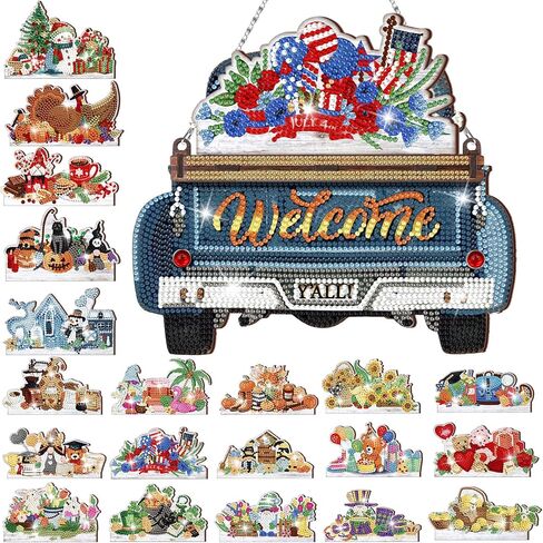 Burbell 21 Pcs Interchangeable Diamond Painting Welcome Sign for Front Door Diamond Painting Blue Truck Decor Interchangeable Seasonal Welcome Sign for DIY Diamond Art Kit Wall Window Door Farmhouse in Saudi Arabia
