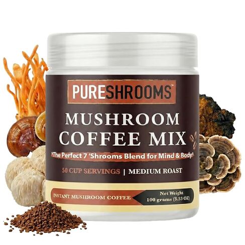 PureShrooms 7-in-1 Mushroom Coffee: Organic Lion's Mane, Chaga, Reishi, Turkey Tail, Cordyceps, Maitake - Elevate Your Mornings - Coffee Substitute (100g/3.53oz) in Saudi Arabia