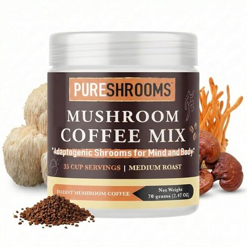 قهوة الفطر 7 في 1 من PureShrooms: عرف الأسد العضوي، تشاجا، ريشي، ذيل الديك الرومي، كورديسيبس، مايتاكي - ارفع صباحك - بديل القهوة (100 جم/3.53 أونصة) in Saudi Arabia