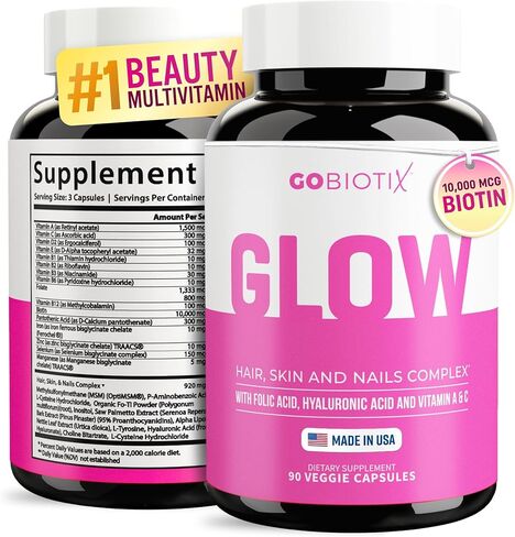 Glow Vitamins - Hair Skin and Nails Multivitamin Supplement - 10,000mcg Biotin Pills with Hyaluronic Acid, Folate, Iron, Magnesium, and Zinc - Boosts Collagen Production, Hair Growth, 90 Capsules in Saudi Arabia