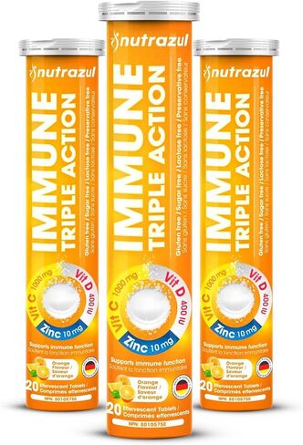 nutrazul Immune Triple Action Effervescent Tablet-1000 mg Vitamin C, Vitamin D, Zinc I Orange 20's (Pack of 3) I Gluten Free, Sugar Free, Lactose Free & Preservative Free I Maintains Immune Function in Saudi Arabia