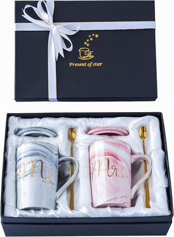 Mr and Mrs Coffee Mugs - Wedding Gifts for Bride and Groom - Gifts for Bridal Shower Engagement Wedding and Married Couples Anniversary - Ceramic Marble Cups 14 Oz Pink in Saudi Arabia