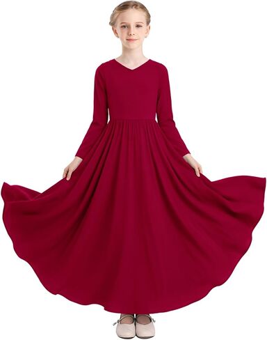 Girls Long Sleeve Praise Dance Dress V-Neck Liturgical Worship Dance Costumes Swing Lyrical Dancewear in Saudi Arabia