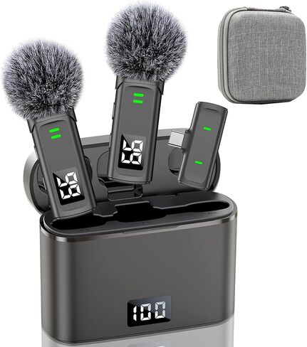 EZColoris 2 Pack Wireless Lavalier Microphones for iPhone 15 Android with Charging Case USB C Wireless for Phones Laptop Tablet Mini Mics for Interview in Kuwait