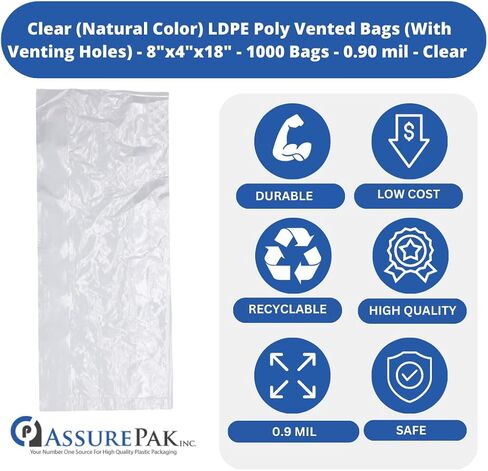 Clear (Natural Color) LDPE Poly Vented Bags (With Venting Holes) - 8"x4"x18" - 1000 Bags - 0.90 mil - Clear in Kuwait