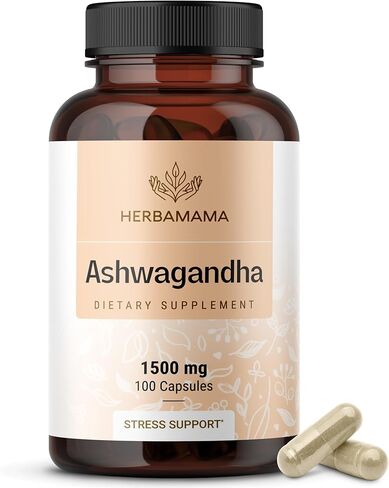 HERBAMAMA Ashwagandha Capsules - Stress Support, Deep Sleep, Focus & Natural Energy Supplements - Organic Withania Somnifera Root for Thyroid & Adrenal Support - 1500mg Non-GMO, Vegan 250 Caps in Saudi Arabia