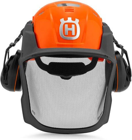Husqvarna 592752602 Chainsaw Helmet with Metal Mesh Face Shield, Adjustable Ear Muffs for Hearing Protection, and Sun Peak, HDPE Forestry Helmet Shell, Orange in Saudi Arabia