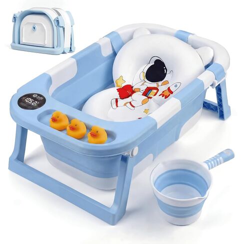 Collapsible Bathtub Baby for Infants & Newborns w/Thermometer, Drain Plug with Heat Sensor & Scoop – Compact Travel Baby Bath Space-Saving Bath for Travel, Shower & Small Bathrooms in Saudi Arabia