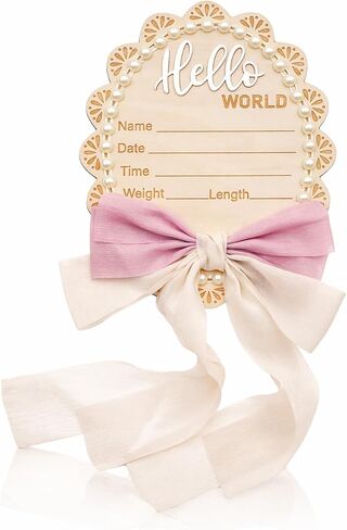 Newborn Announcement Sign - Baby Hospital Photo Prop Wooden Board Card with White Bow Hello World in Kuwait