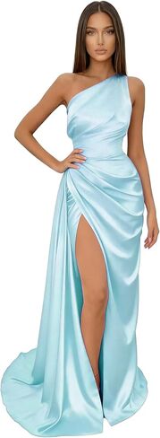 One Shoulder Bridesmaid Dresses for Wedding Satin Ball Gowns for Women Mermaid Formal Prom Evening Gowns with Slit in Saudi Arabia