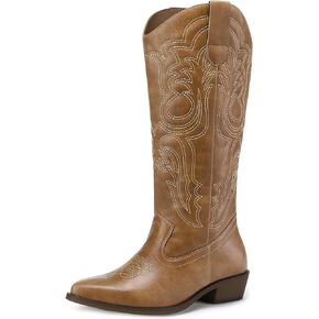 mysoft Women's Cowboy Boots Mid Calf Cowgirl Boots Embroidered Western Pointed Toe Chunky Heel Pull On Knee High Boots